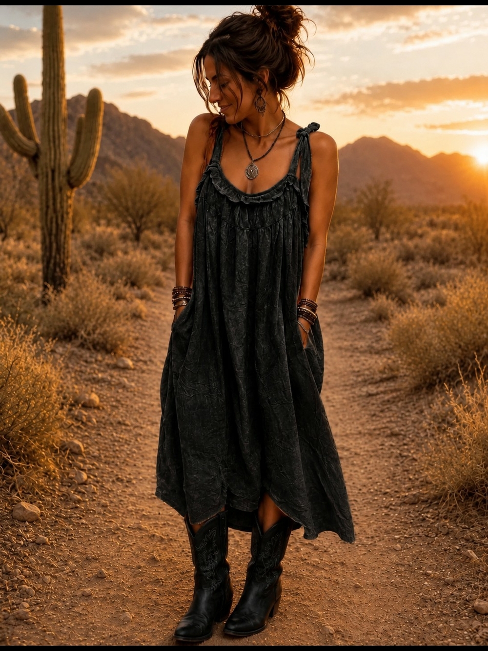 Boho Tie-Shoulder Midi Dress in Dark Charcoal